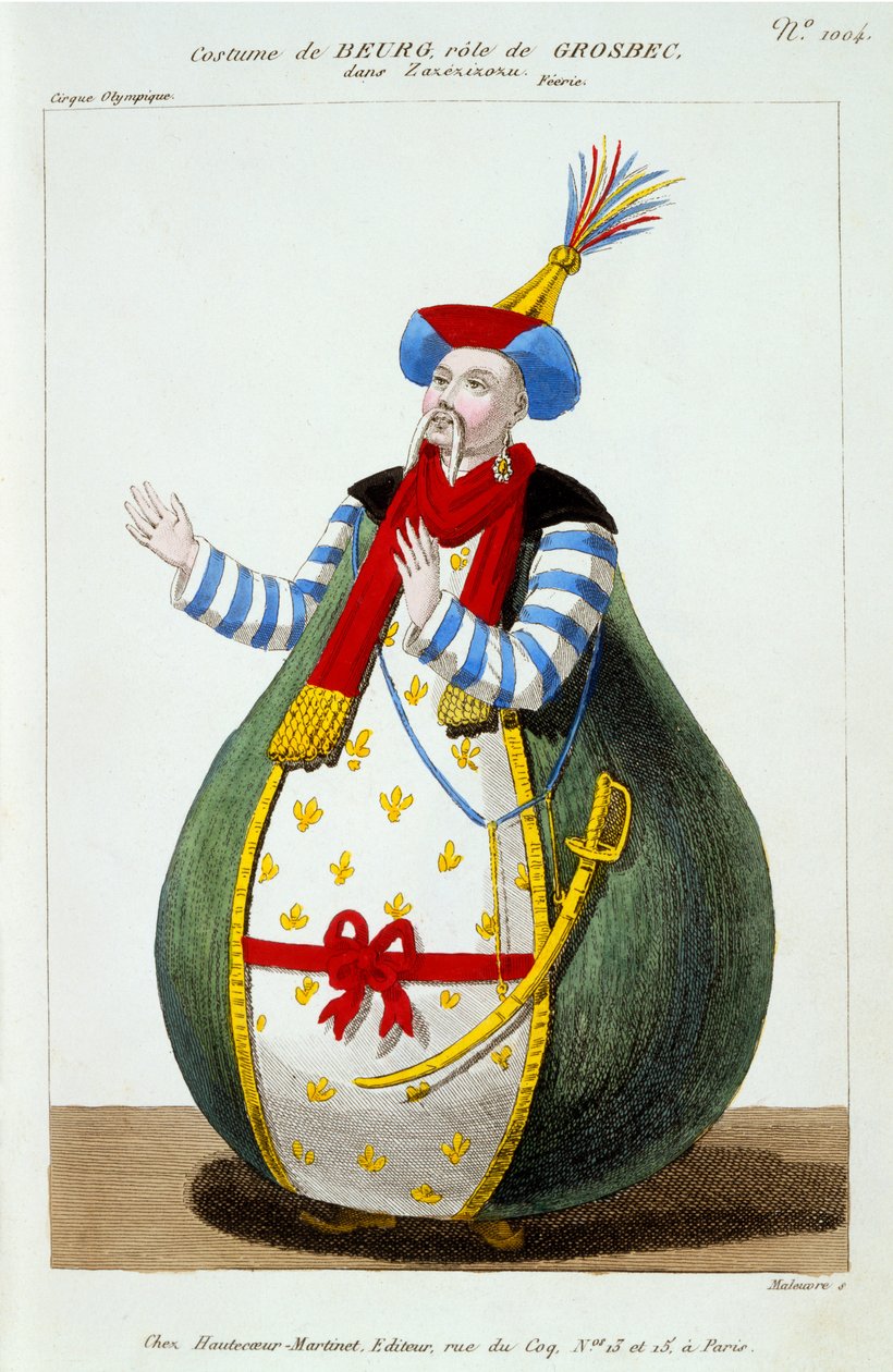 Kostium Beurga z Cirque Olympique, w roli Grosbeca w Zazezizozu, z „Le Petite Galerie Dramatique”, wydanej w 1796 r. autorstwa Pierre Maleuvre