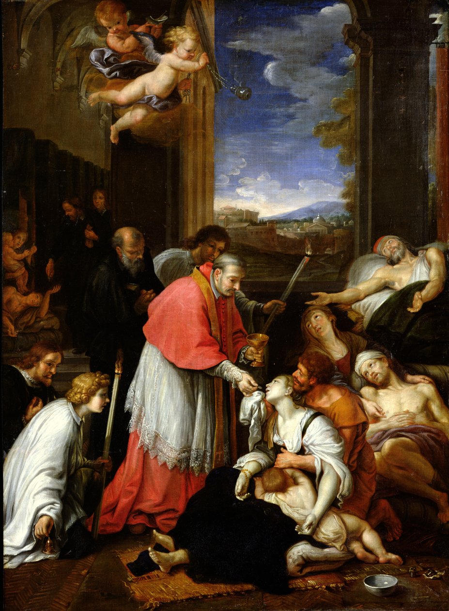 Św. Karol Boromeusz (1538-84) udzielający sakramentu ofiarom zarazy w Mediolanie w 1576 r. autorstwa Pierre Mignard