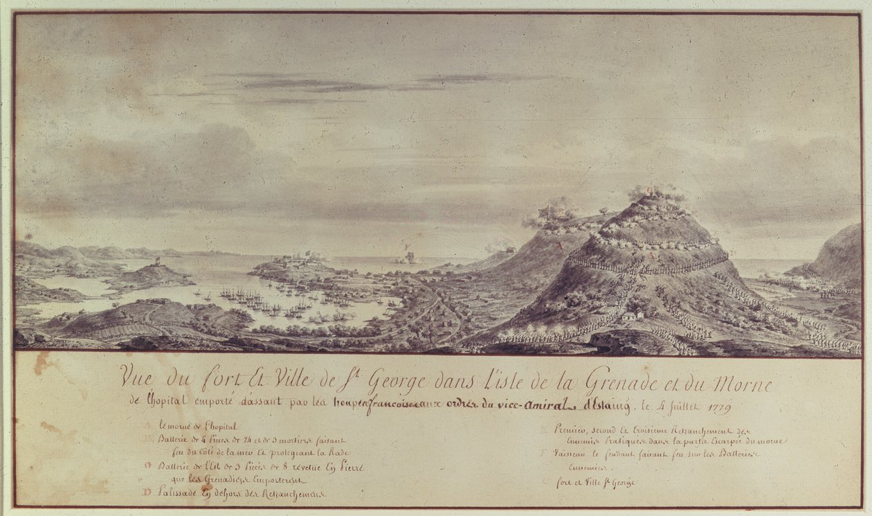 Zdobycie Grenady przez Francuzów, 1779 (akwarela) autorstwa Pierre Ozanne