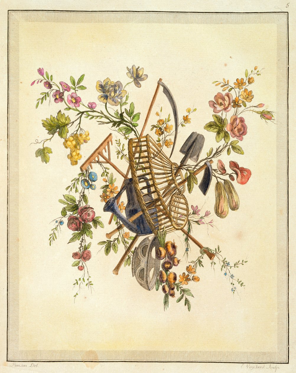 Projekt tkaniny ogrodowej, z "Oeuvre contenant un Receuil de Trophees, Attributs, Cartouches, Vases, Fleurs, Ornemens, et Plusieurs Dessins agreeables pour broder les Fauteuils", wyryty przez Etienne