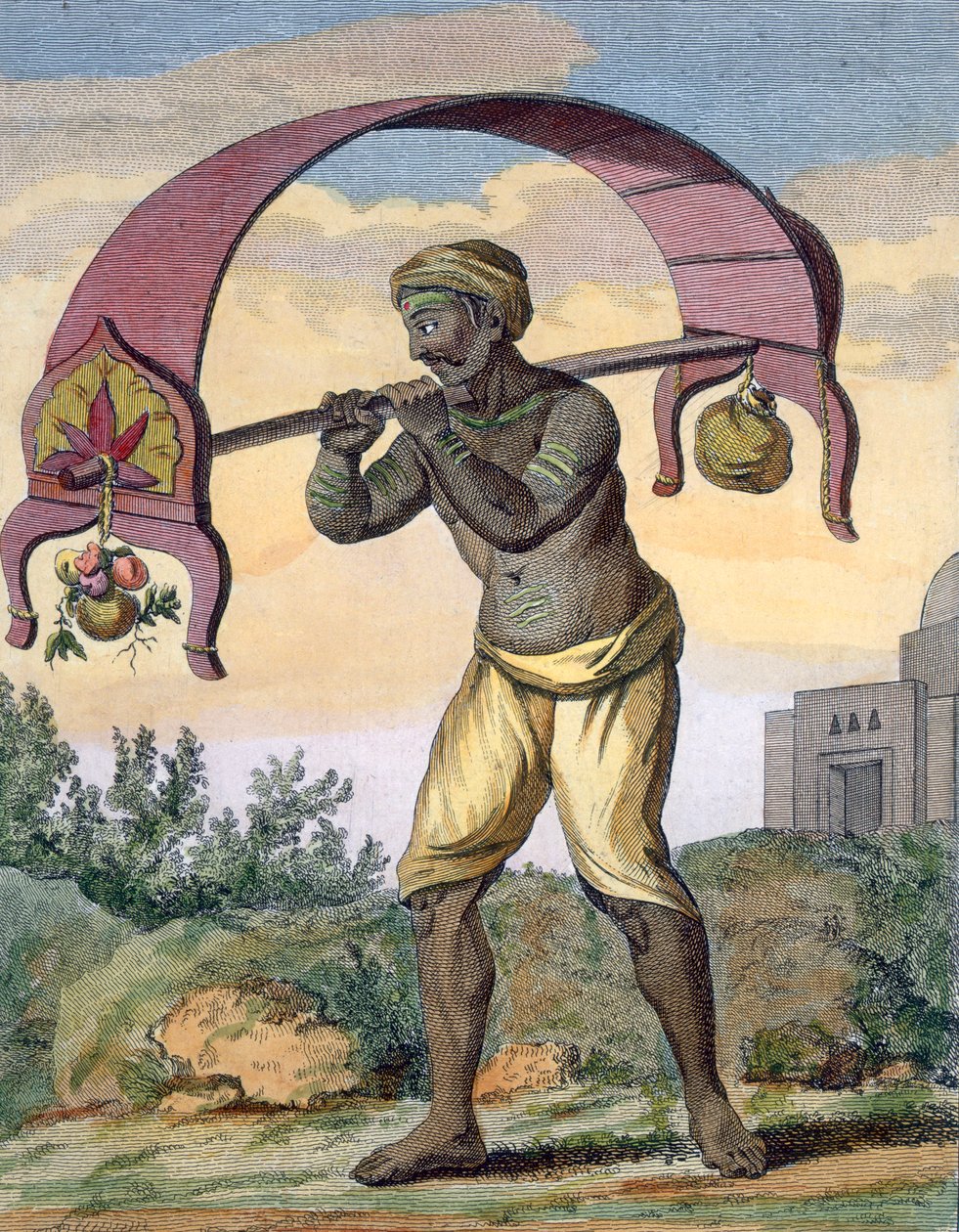 Paeni Caori (religijny wielbiciel niosący ofiary dla bogów), z „Voyage aux Indes et a la Chine”, ryty przez Poissona, 1782 (kolor grawerowania) autorstwa Pierre Sonnerat