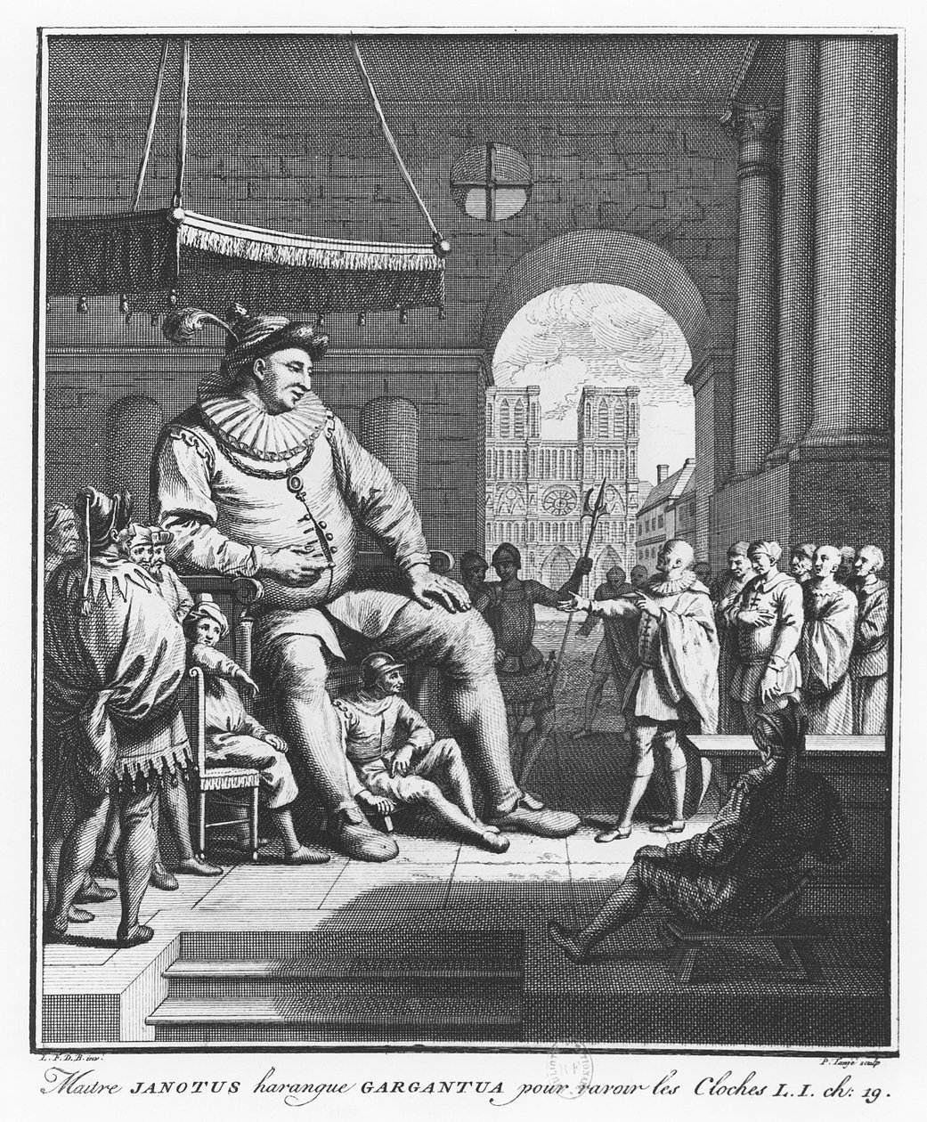 Mistrz Janotus przemawia do Gargantui, aby zwrócił dzwony, ilustracja z „Życia Gargantui i Pantagruela” autorstwa François Rabelais autorstwa Pierre Tanje