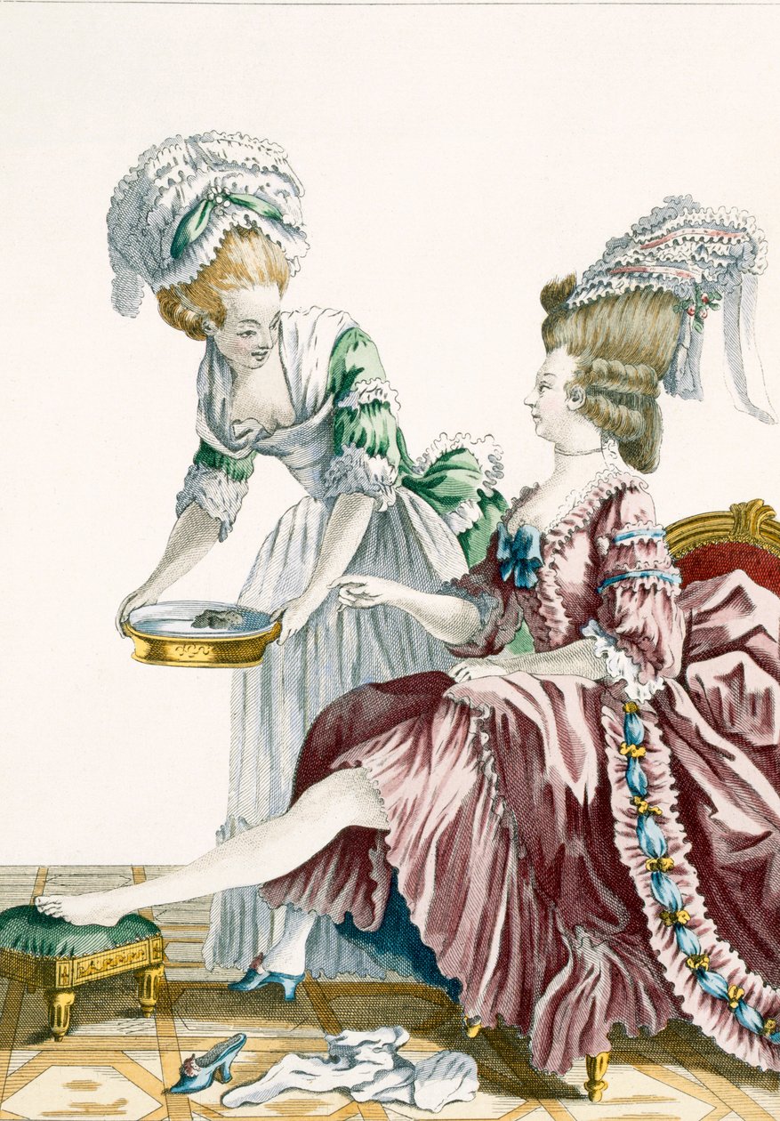 Elegancka kobieta myjąca stopy, płyta 32 z „Galerie des Modes et Costumes Francais”, ryt. Dupin, 1778 autorstwa Pierre Thomas Le Clerc
