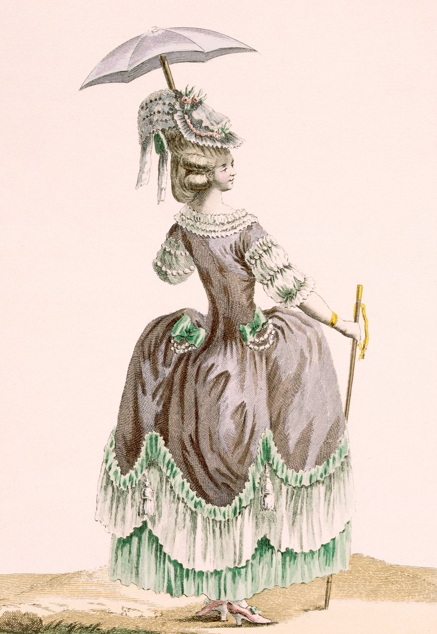 Widok z tyłu szarej sukni promenadowej damy, wyryty przez Dupin, tabliczka nr 38 z "Galeries des Modes et Costumes Francais", ok. 1778-87. autorstwa Pierre Thomas Le Clerc