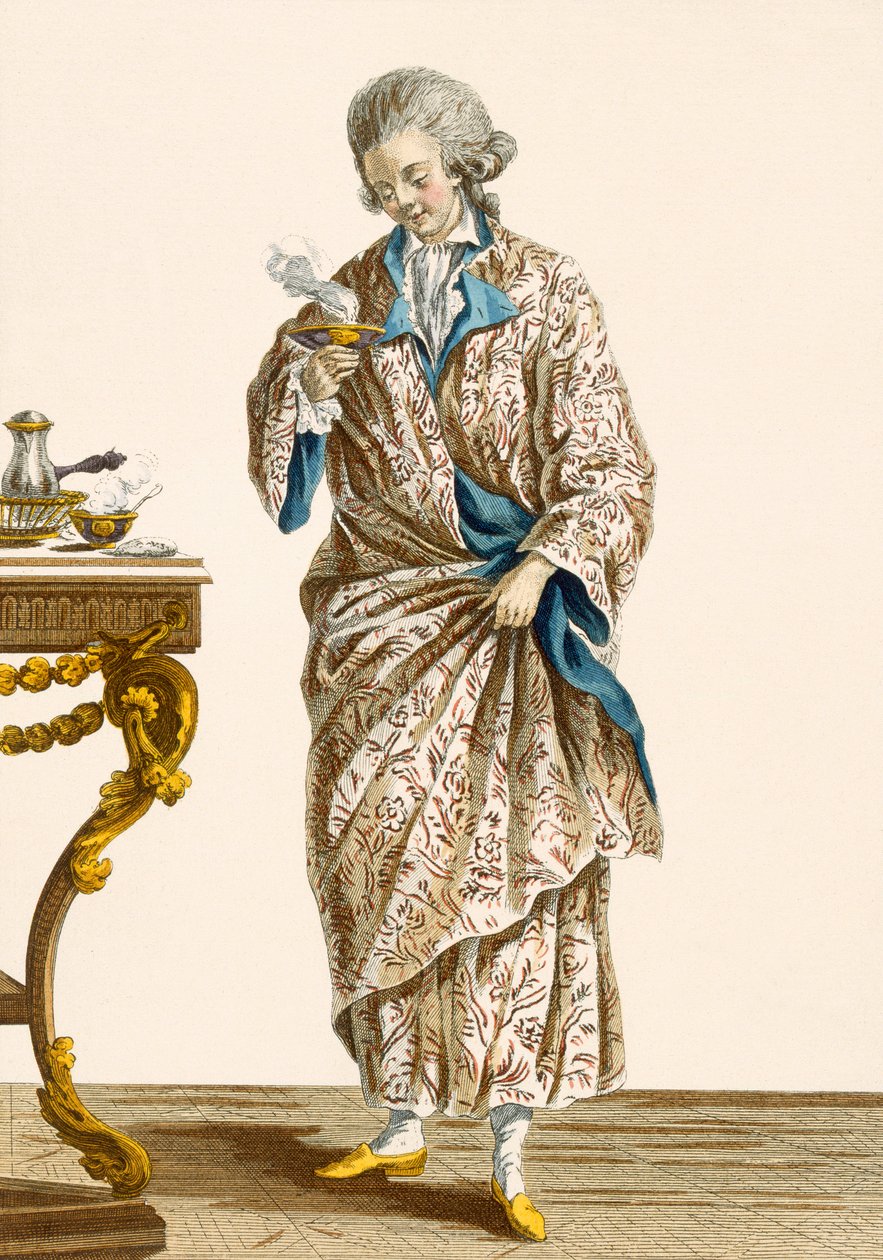 Szlafrok z bawełny drukowanej, grawerowany przez Patasa, płyta nr 140 z „Galeries des Modes et Costumes Francais”, ok. 1778-87 autorstwa Pierre Thomas Le Clerc