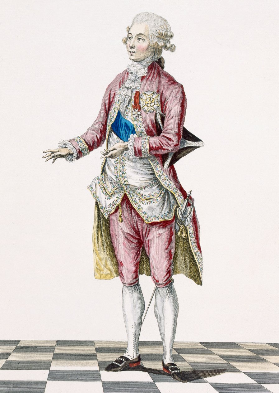Książę w stroju wiejskim ozdobionym orderami królewskimi, rytowany przez Dupina, tablica z "Galeries des Modes et Costumes Francais", ok. 1778-87, 1760 r. autorstwa Pierre Thomas Le Clerc