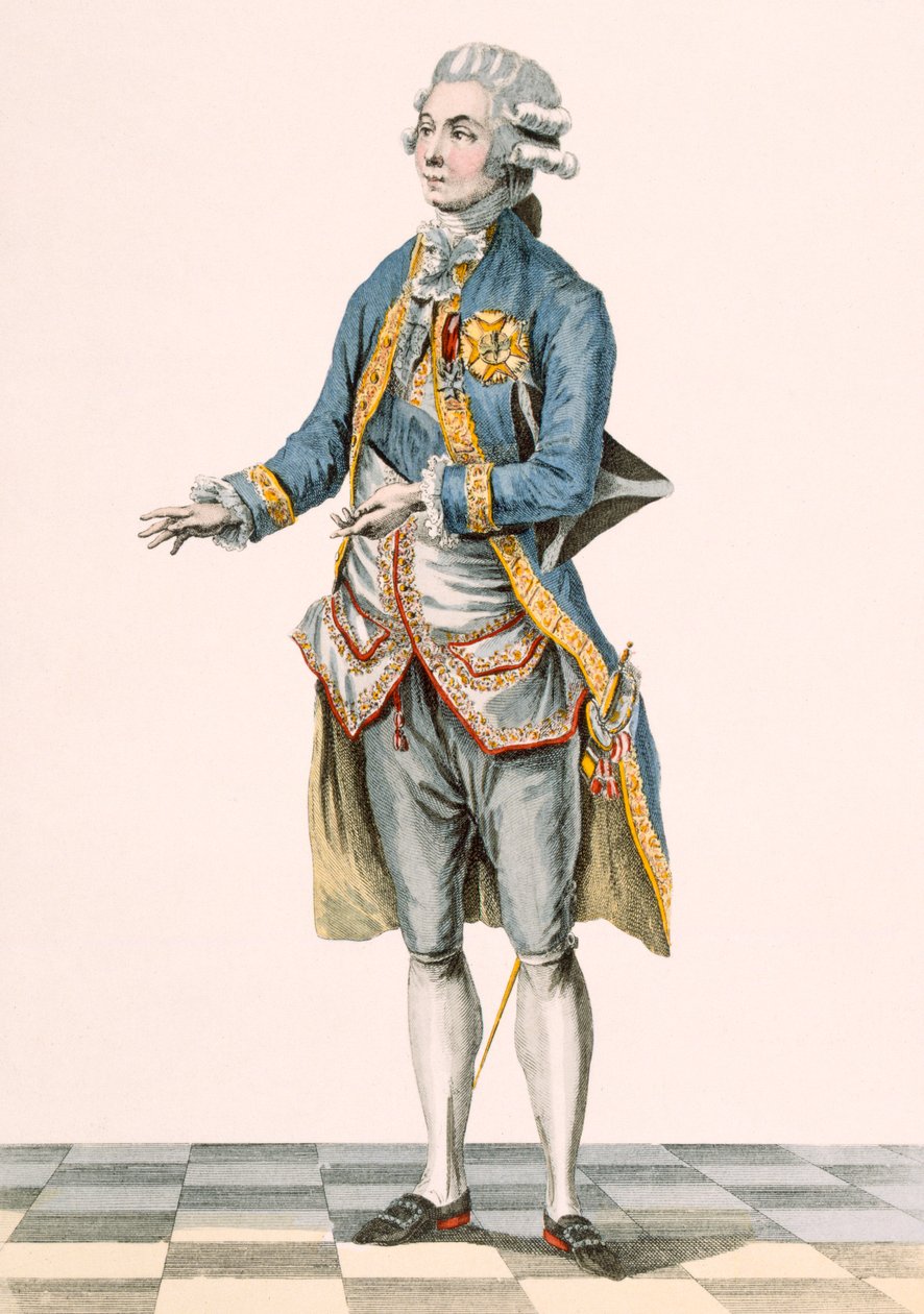 Książę w uroczystym stroju przedstawiony na dworze, grawerowany przez Dupina, tablica z „Galeries des Modes et Costumes Francais”, ok. 1778-87 autorstwa Pierre Thomas Le Clerc