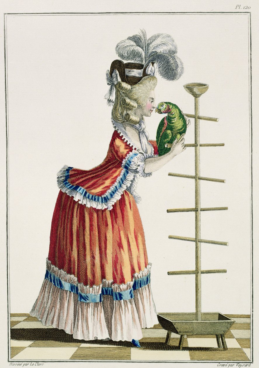 Elegancka kobieta w karakule "a la Polonaise" i kapeluszu "a la Devonshire", tablica 120 z "Galerie des Modes et Costumes Francais", wyryta przez Etienne Claude Voysard (1746-1816) 1778 autorstwa Pierre Thomas Le Clerc