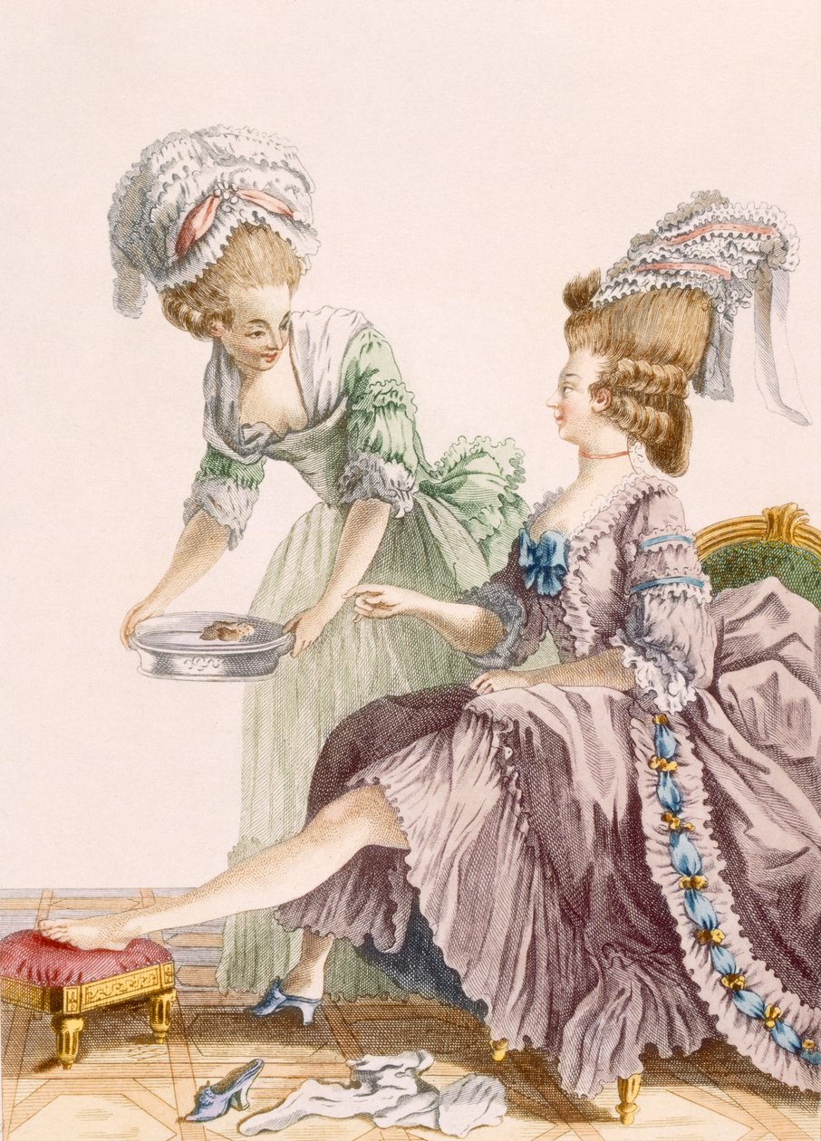 Elegancka dama, której stopy myła pokojówka, grawerowana przez Dupina, talerz z „Galeries des Modes et Costumes Francais”, ok. 1778-87 autorstwa Pierre Thomas Le Clerc