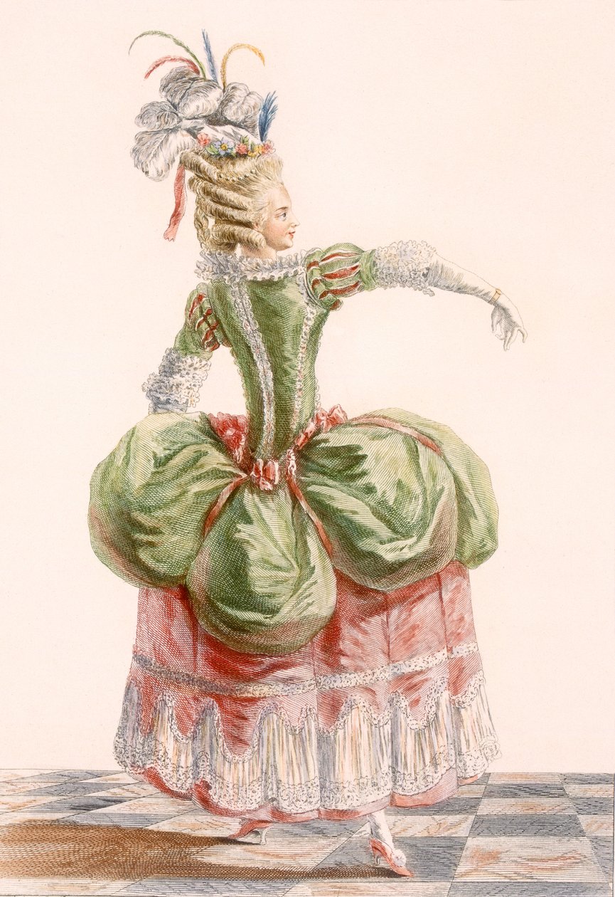 Suknia wieczorowa damska, grawerowana przez Dupina, tabliczka z „Galeries des Modes et Costumes Francais”, ok. 1778-87 99: odzież; strój tradycyjny; strój tradycyjny; moda; ilustracja; autorstwa Pierre Thomas Le Clerc