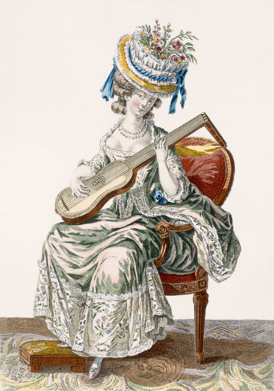 Dama w sukience z tafty strzał z koronką grająca na gitarze, płyta 113 z „Galerie des Modes et Costumes Francais”, grawerowana przez Charlesa Emmanuela Patasa (1744-1802) 1778 autorstwa Pierre Thomas Le Clerc