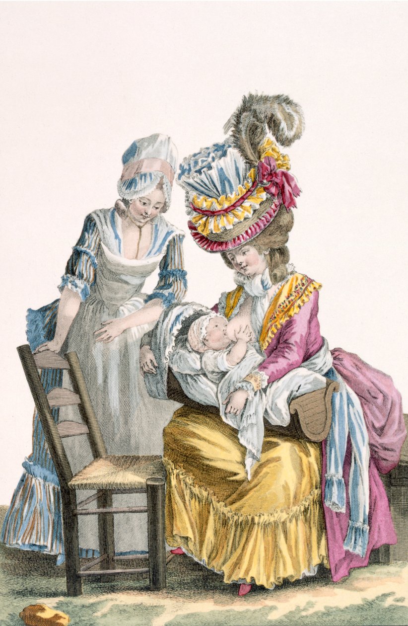Młoda kobieta w sukience „a la Levite” karmiąca piersią swoje dziecko, tablica z „Galerie des Modes et Costumes Francais”, grawerowana przez Charlesa Emmanuela Patasa (1744-1802) 1778 autorstwa Pierre Thomas Le Clerc