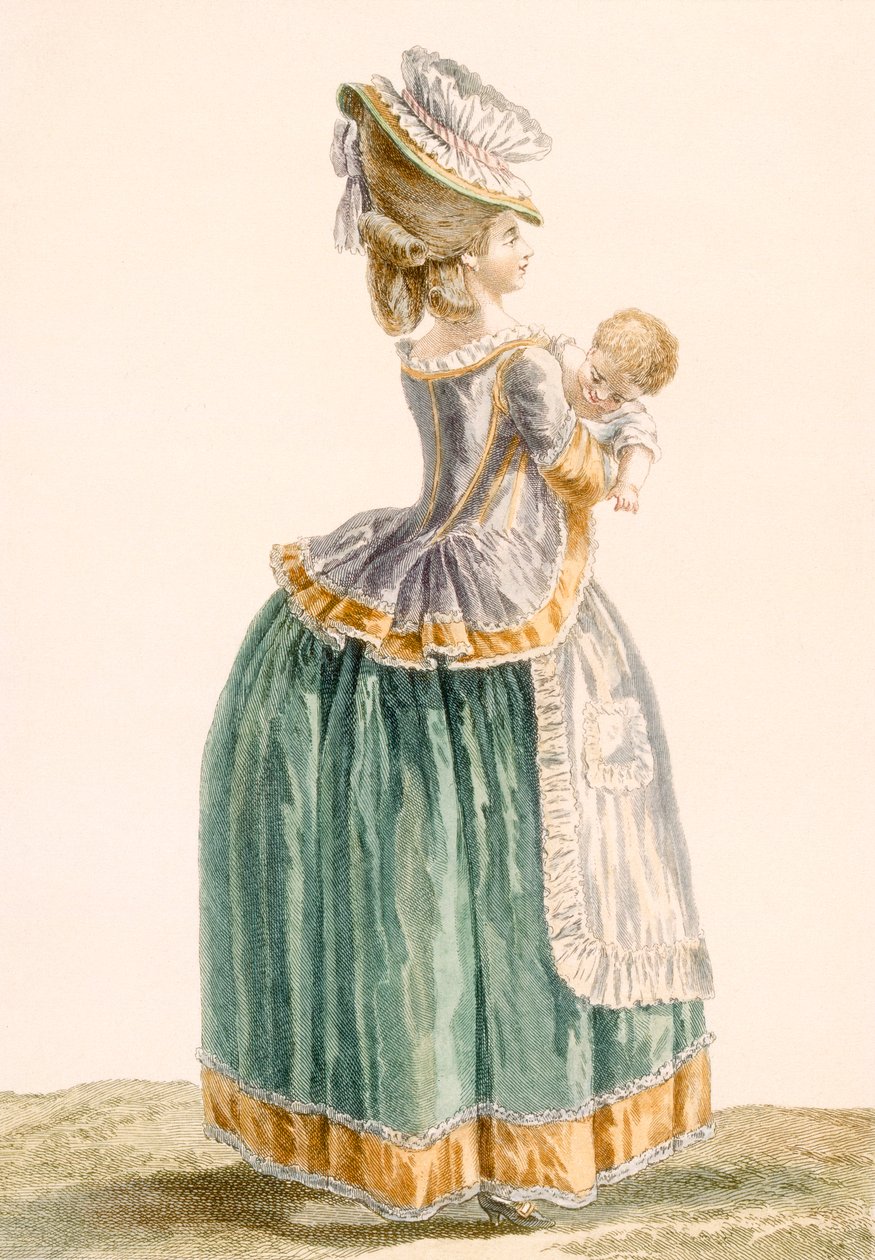 Młoda matka i dziecko z prowincji, grawerowane przez Patasa, tablica z „Galeries des Modes et Costumes Francais”, ok. 1778-87 99:ubrania; strój tradycyjny; strój tradycyjny; moda; autorstwa Pierre Thomas Le Clerc