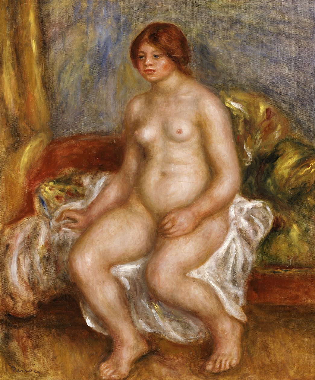 Naga kobieta na zielonych poduszkach, 1909 autorstwa Pierre Auguste Renoir