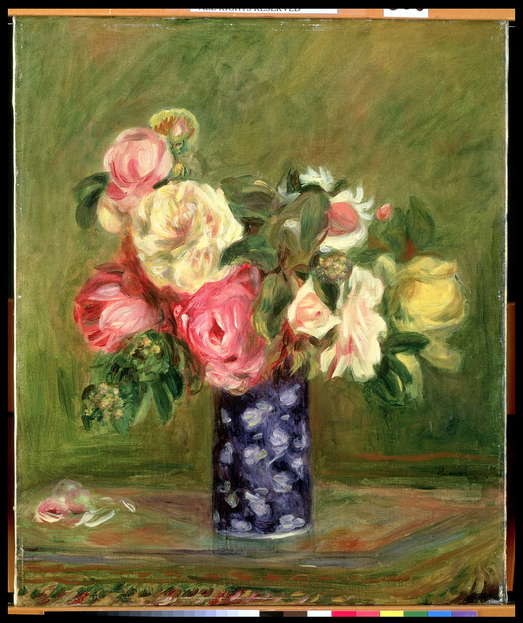 Róże w niebieskim wazonie autorstwa Pierre Auguste Renoir