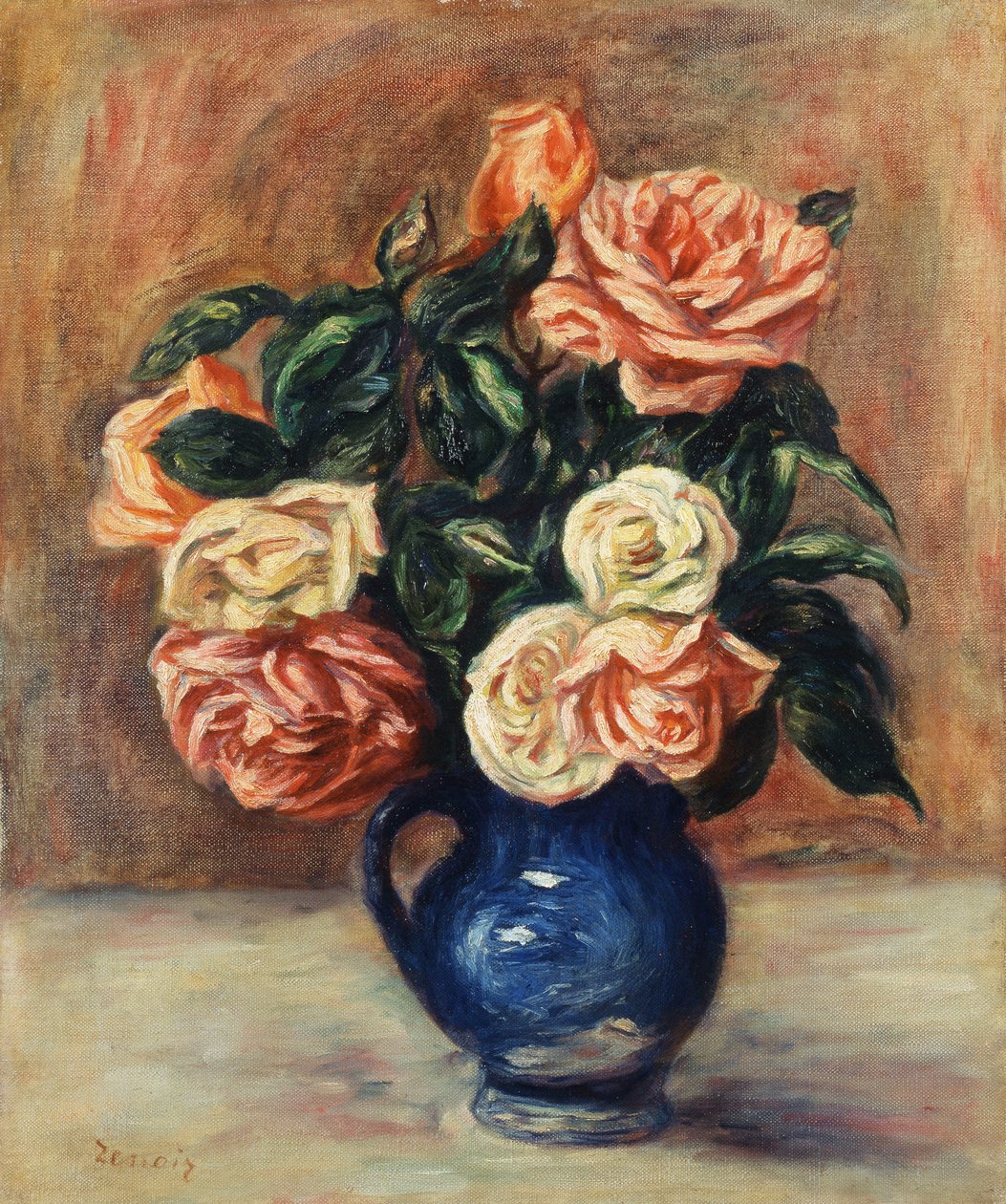 Róże w niebieskim wazonie, ok. 1900 autorstwa Pierre Auguste Renoir