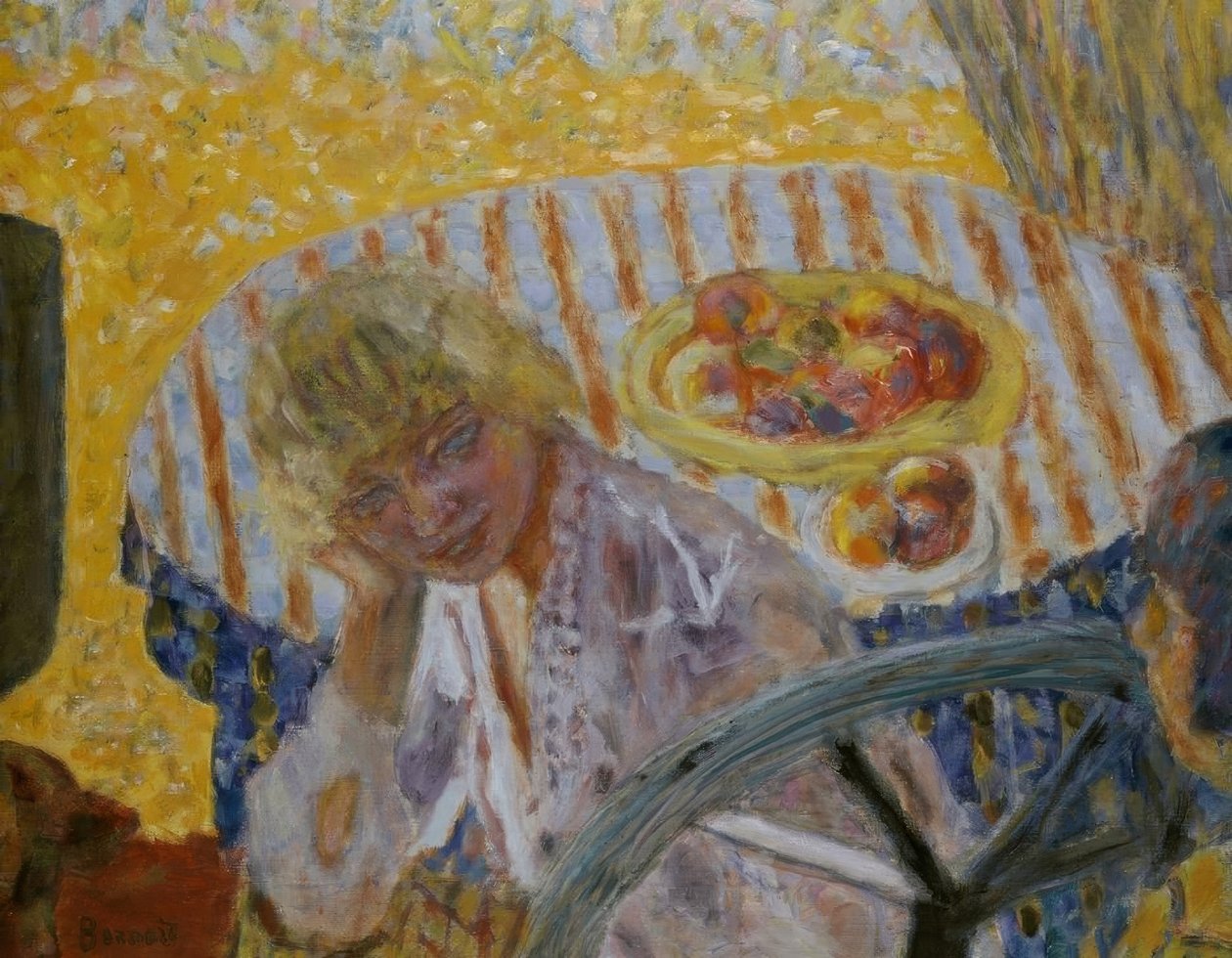 Młoda kobieta z obrusem w paski autorstwa Pierre Bonnard