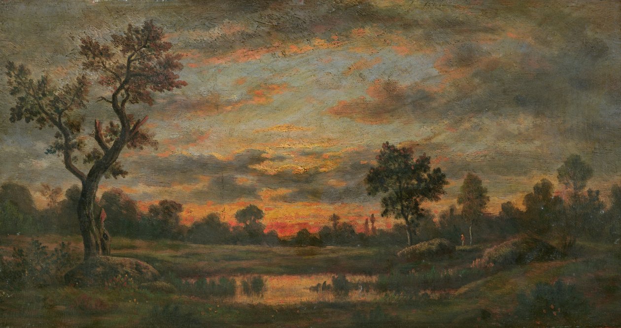 Krajobraz o zachodzie słońca autorstwa Pierre Etienne Theodore Rousseau