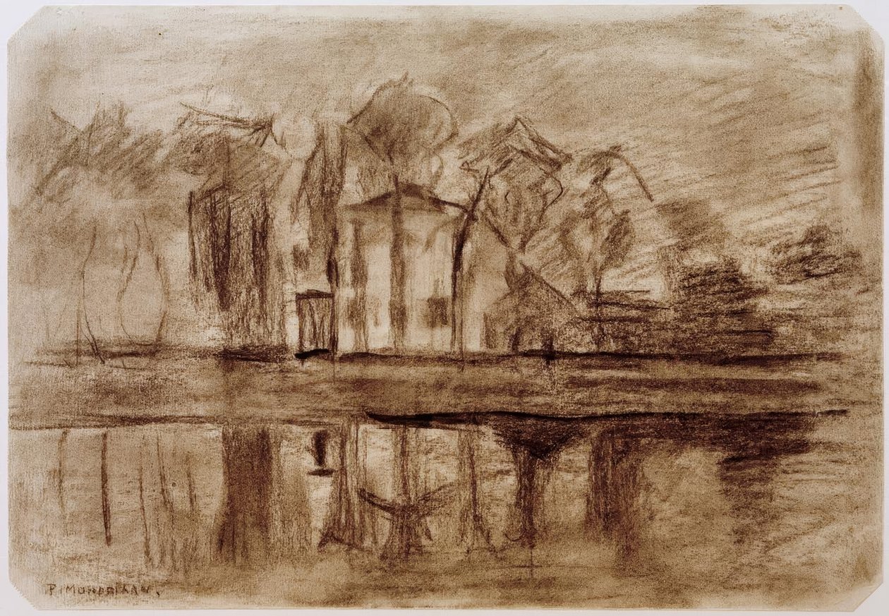 Dom z drzewami nad wodą autorstwa Piet Mondrian