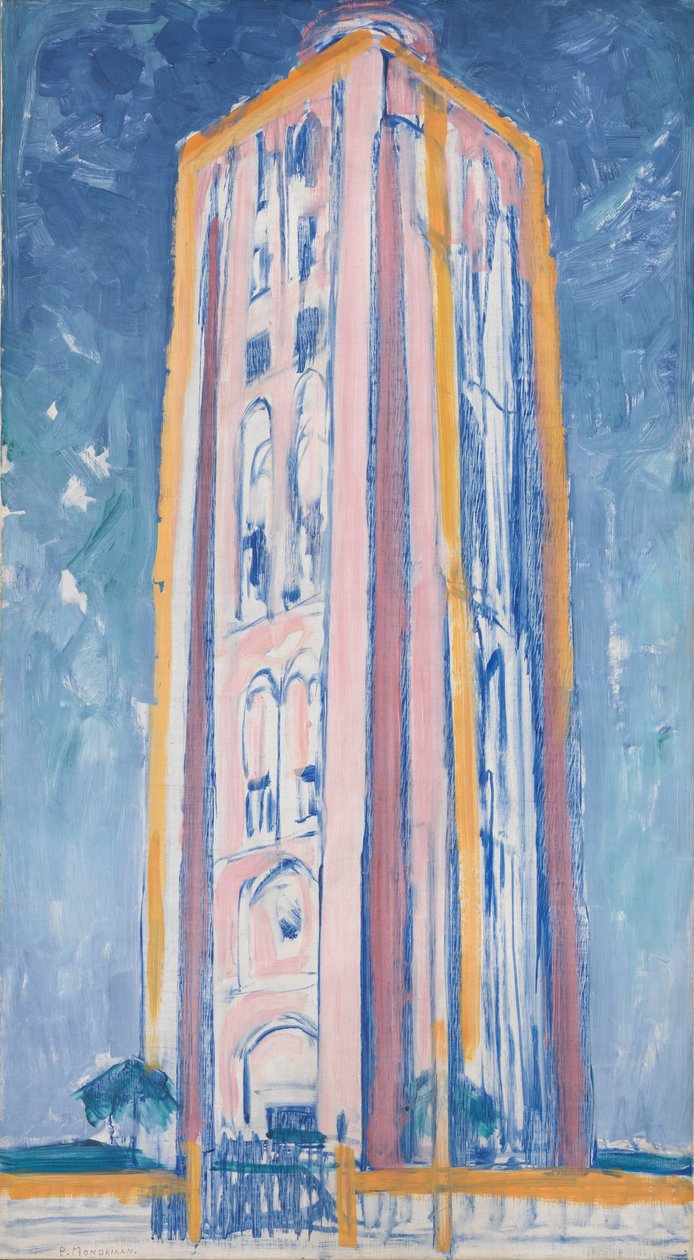 Latarnia morska w Westkapelle w kolorze pomarańczowym, różowym, fioletowym i niebieskim, ok. 1910 r. autorstwa Piet Mondrian