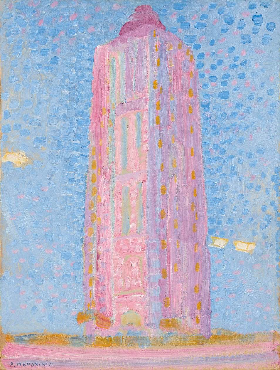 Latarnia morska w Westkapelle w kolorze różowym, 1909 (olej na tekturze) autorstwa Piet Mondrian