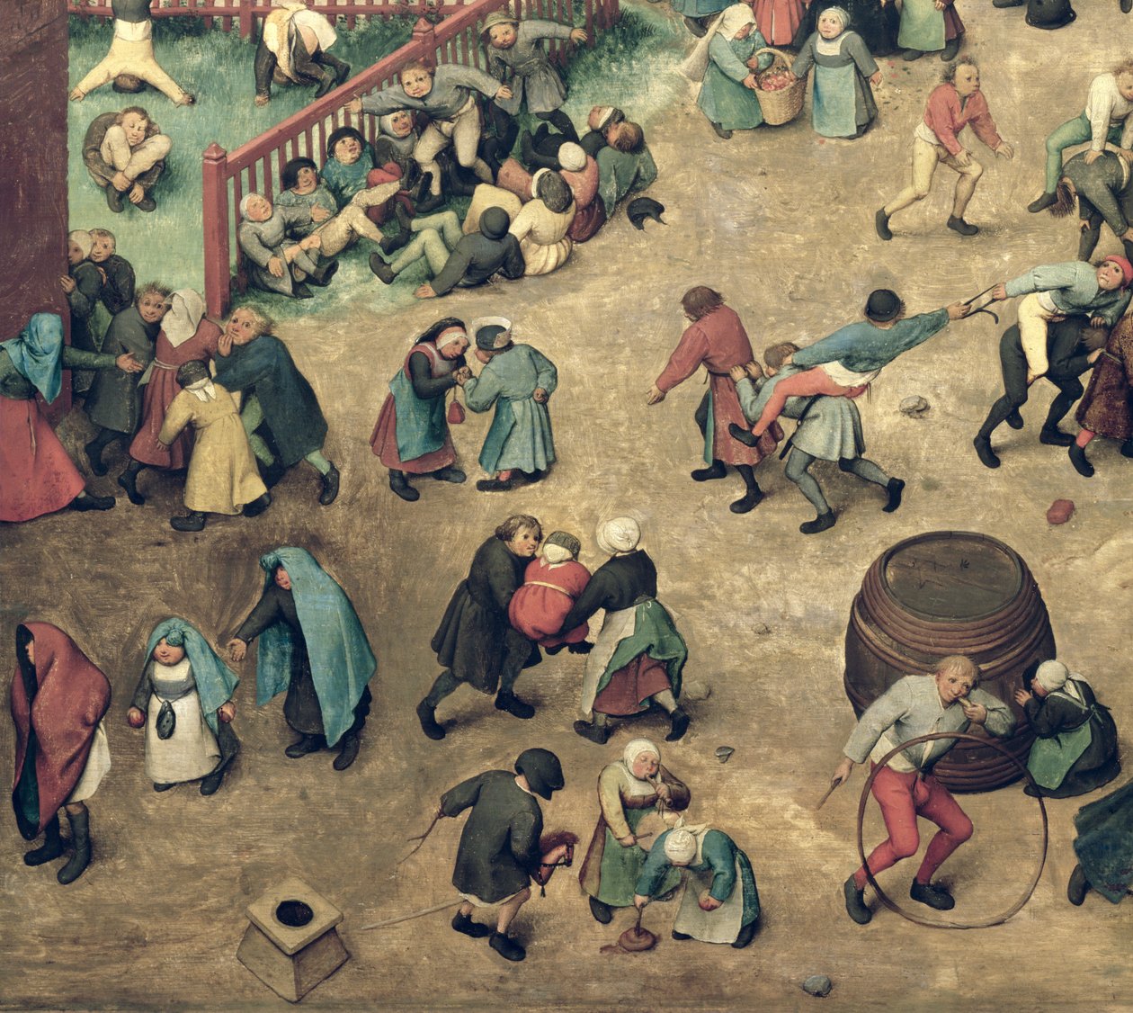 Gry dla dzieci (Kinderspiele): fragment lewej części przedstawiający kręgle, stanie na rękach, zabawę z koniem hobbystycznym i inne gry, 1560 (detal 68945) autorstwa Pieter Bruegel the Elder