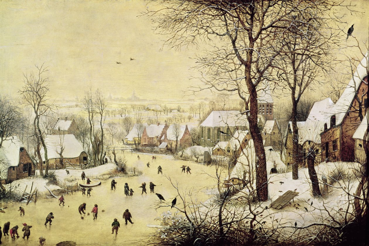 Pejzaż zimowy z łyżwiarzami i pułapką na ptaki, 1565 autorstwa Pieter Bruegel the Elder