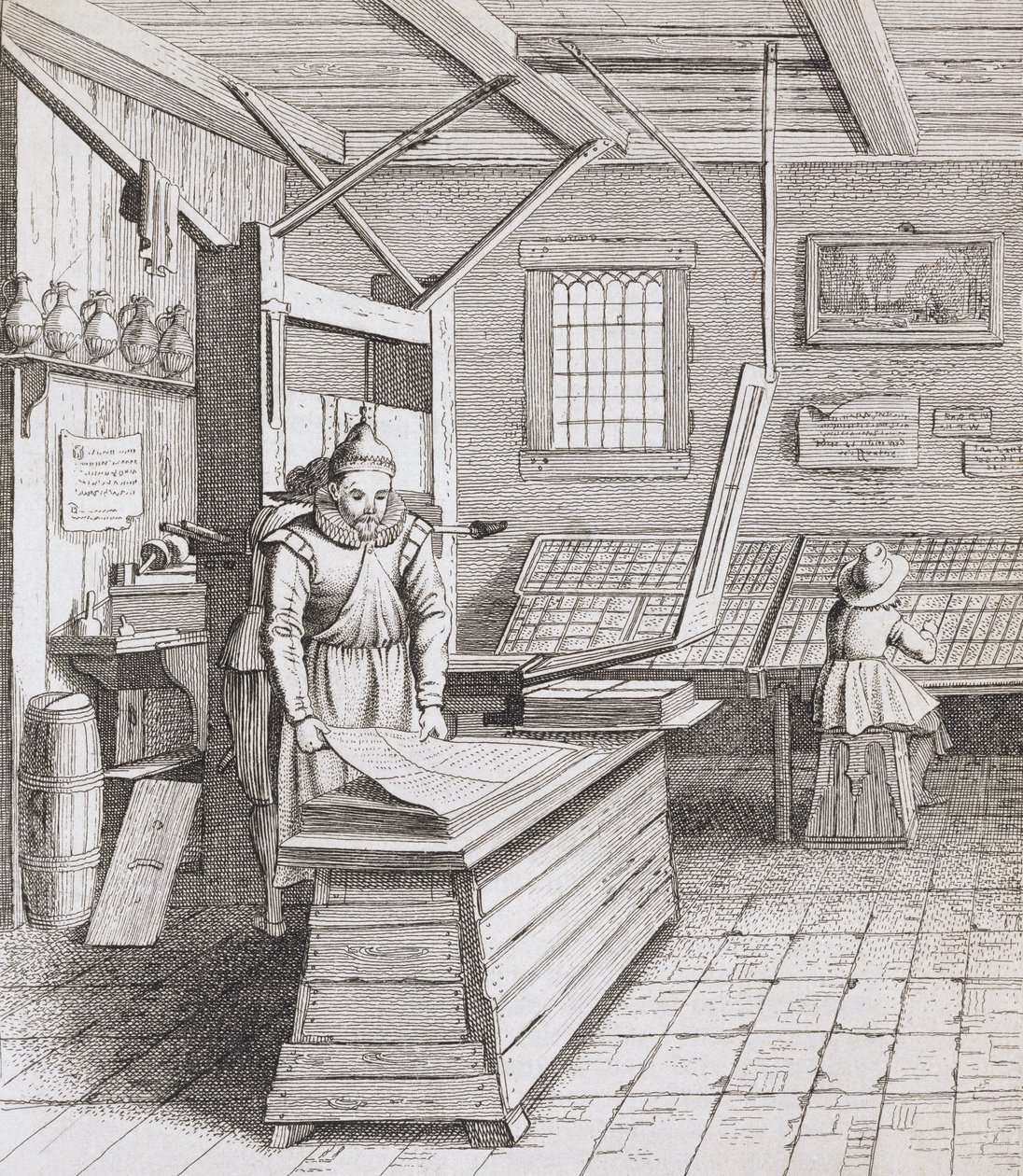 Oprawę Laurensa Janszoona Kostera, rytowaną przez J. van der Velde, opublikowaną w "Laure-crans voor Laurens Coster van Haelrem, Berste Vinder vande Boeck-druckery" Petrusa Scriveriusa, 1628 r. (ryc. autorstwa Pieter Janszoon Saenredam
