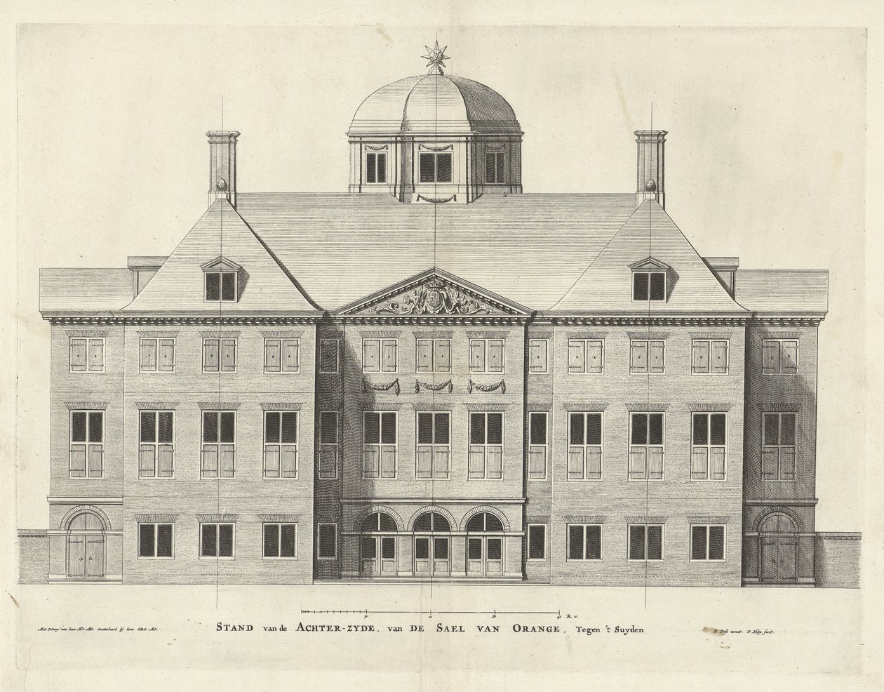 Tylna strona Pałac Huis ten Bosch, Holandia, Pieter Nolpe po Pieterze Janszu. Poczta, akwaforta 294 mm × 387 mm, 1655 r. autorstwa Pieter Nolpe