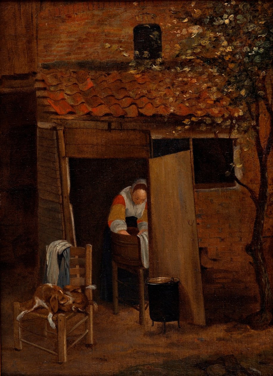 Dziewczyna pranie ubrań. autorstwa Pieter Hooch de