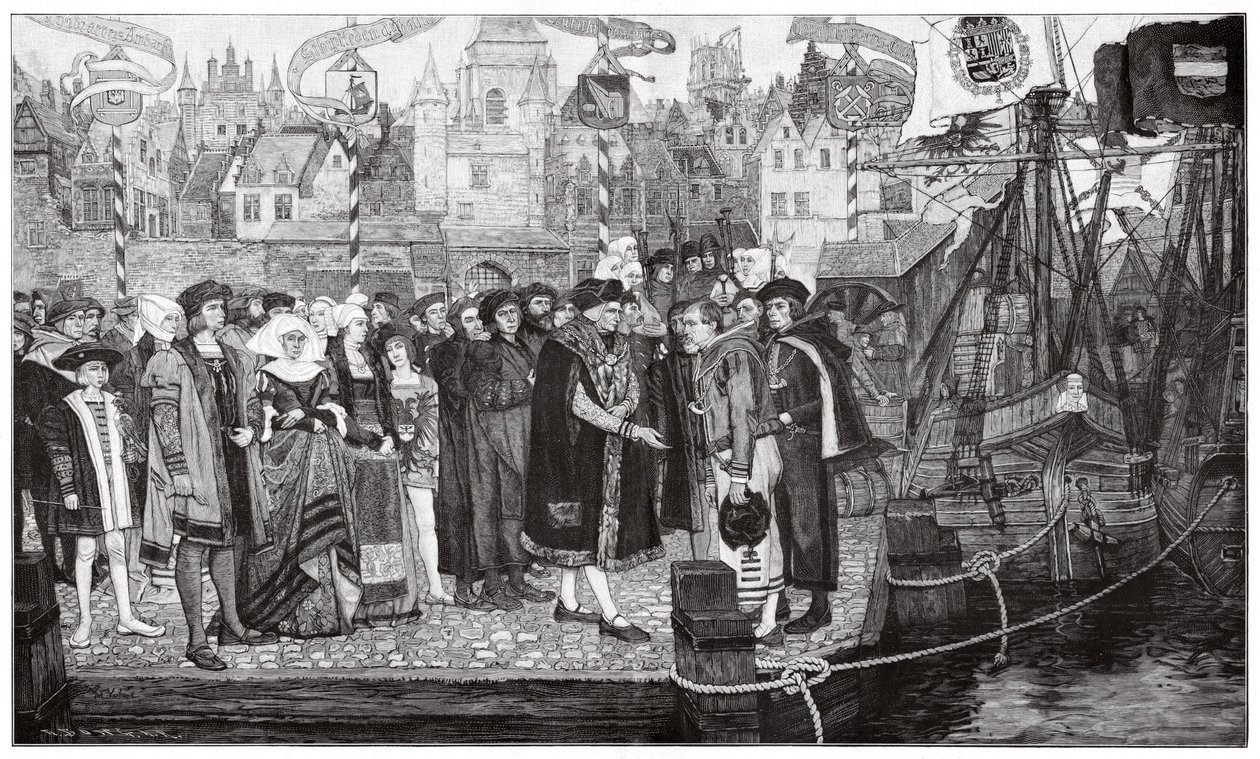 Handel cukrem, Antwerpia, ok. 1510-20 r. (rycina) autorstwa Pieter Verhaert
