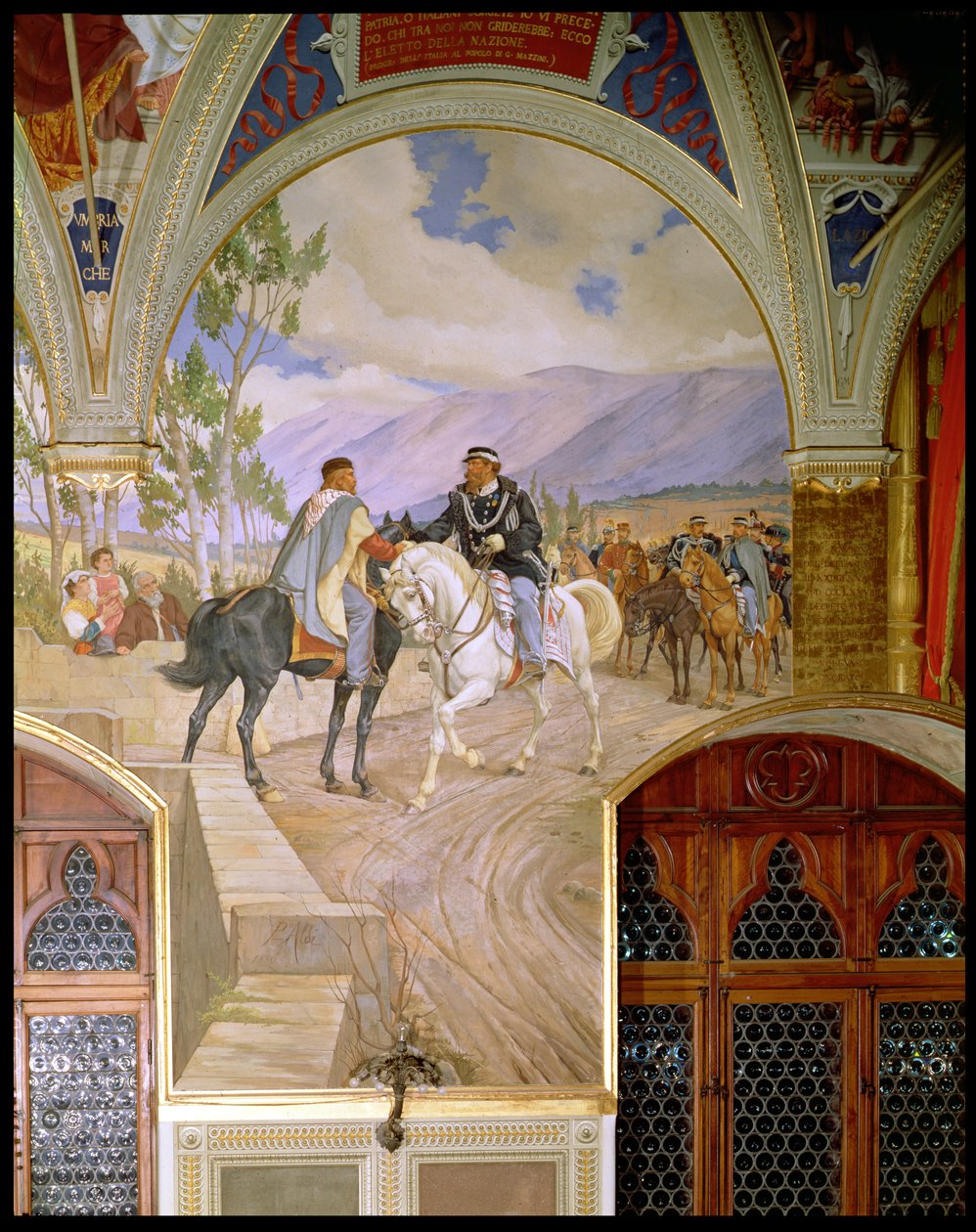 Spotkanie Giuseppe Garibaldiego (1807-82) z królem Vittorio Emanuele II (1820-78) 26 października 1860 w Teano we Włoszech, 1886 autorstwa Pietro Aldi