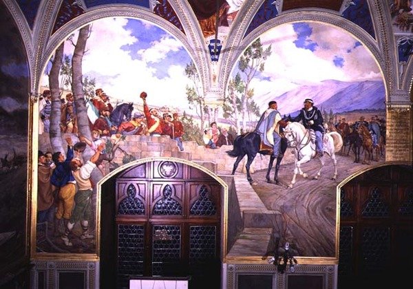 Spotkanie Giuseppe Garibaldiego (1807-82) z królem Vittorio Emanuele II (1820-78) 26 października 1860 w Teano we Włoszech, 1886 (szczegóły patrz 106238) autorstwa Pietro Aldi