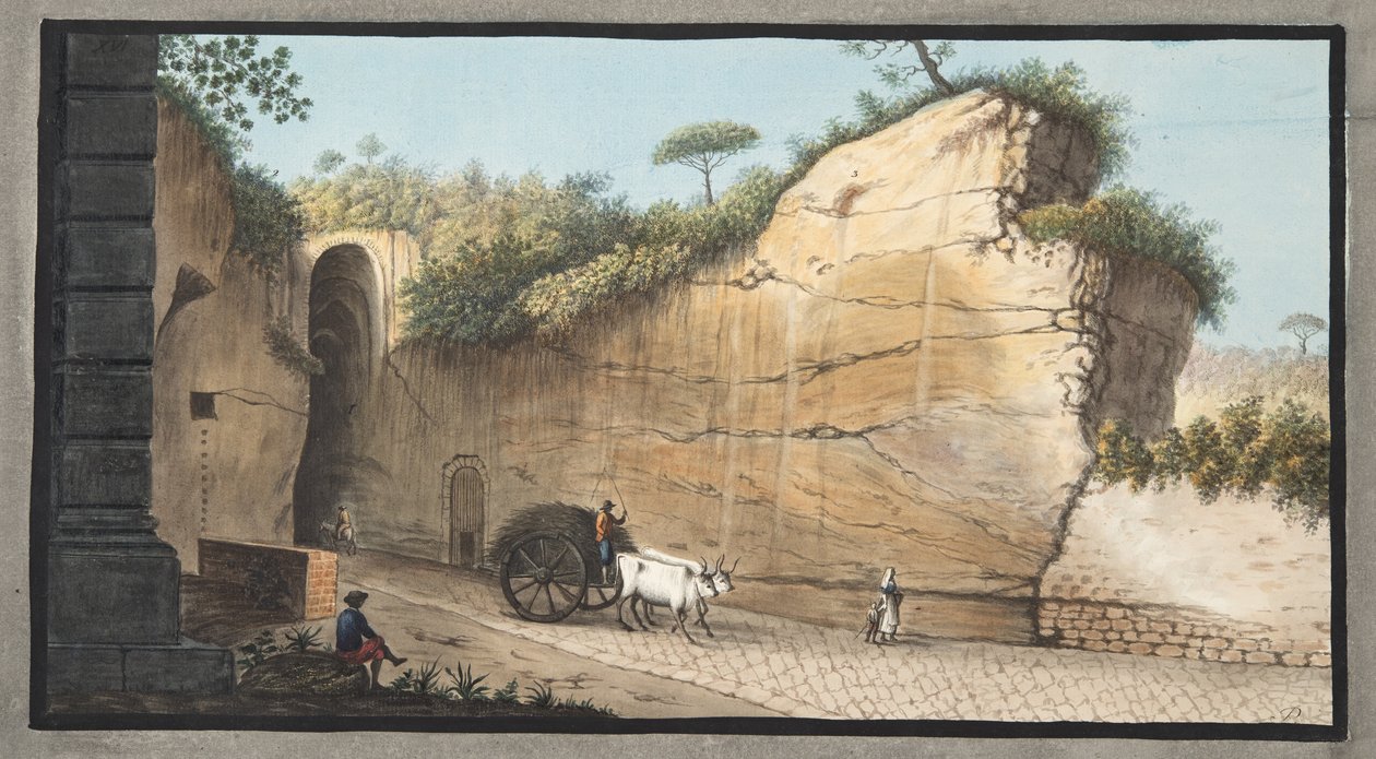 Wejście do Groty Pausilipo, ilustracja XVI, z „Campi Phlegraei: Obserwacje na wulkanach dwóch Sycylii”, Sir William Hamilton (1730-1803), wydana 1776 (rycina ręcznie kolorowana) autorstwa Pietro Fabris