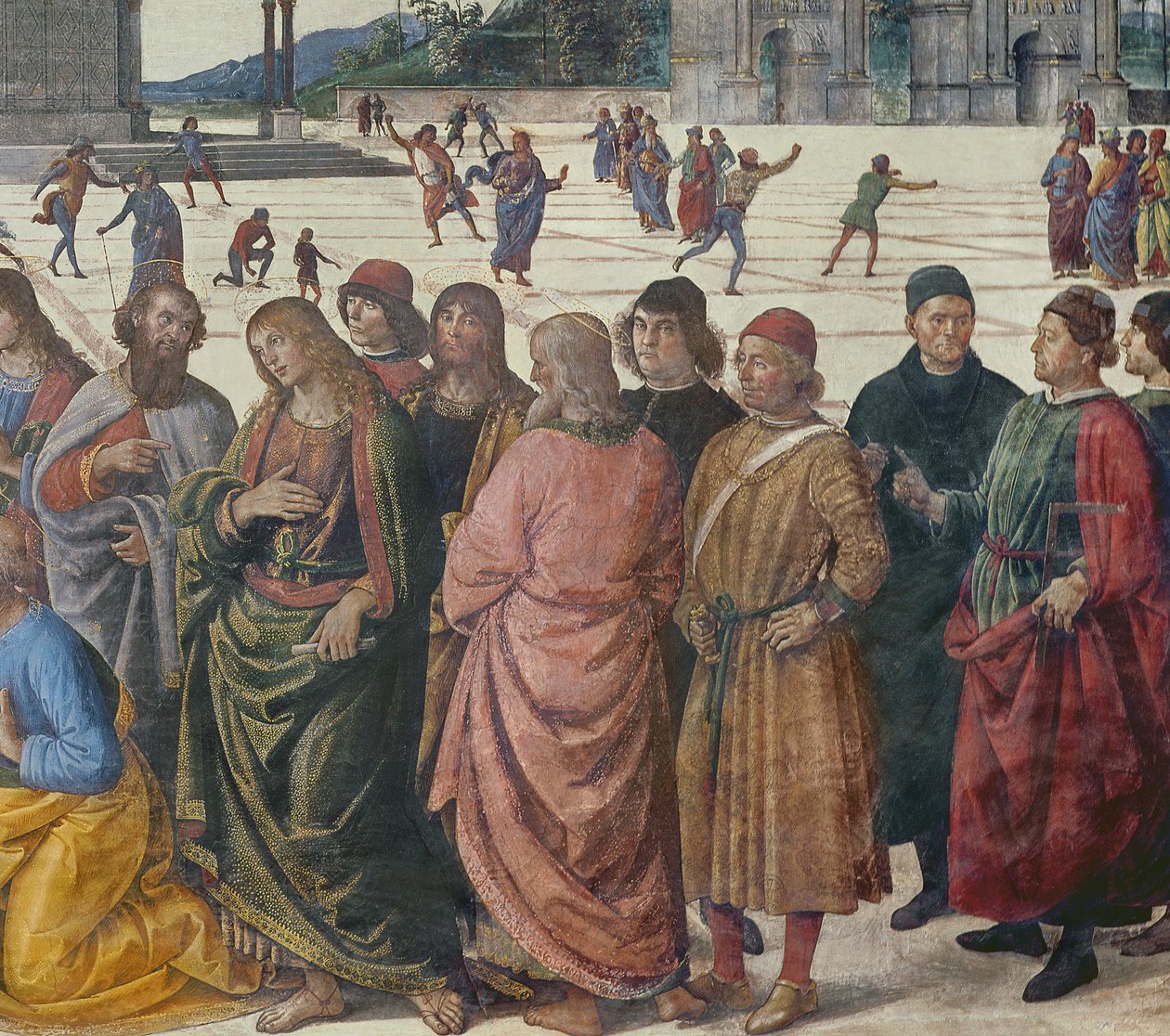 Fragment przedstawiający św. Piotra otrzymującego klucze, Kaplica Sykstyńska, 1481 autorstwa Pietro Perugino