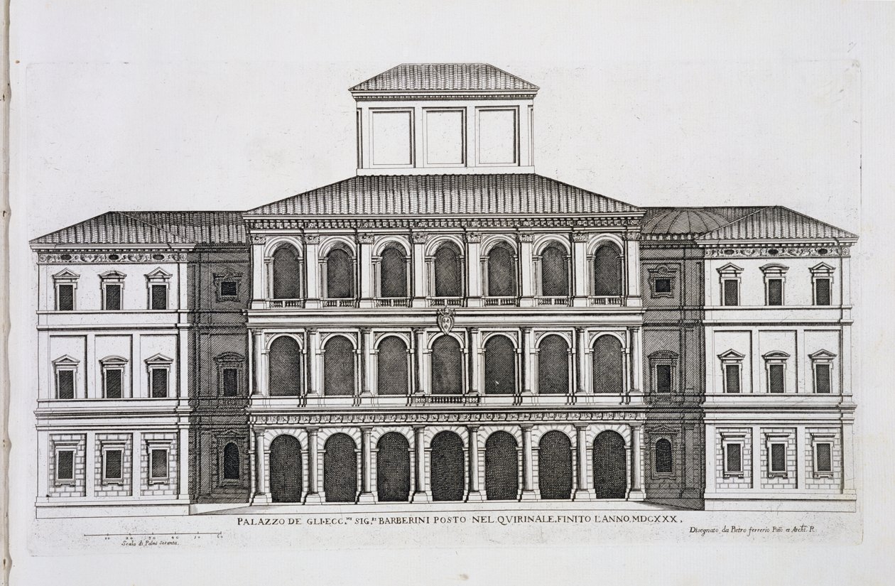 Palazzo Barberini na Kwirynale, ukończone 1630, z „Palazzi di Roma”, cz. I, wydane 1655 autorstwa Pietro Ferrerio