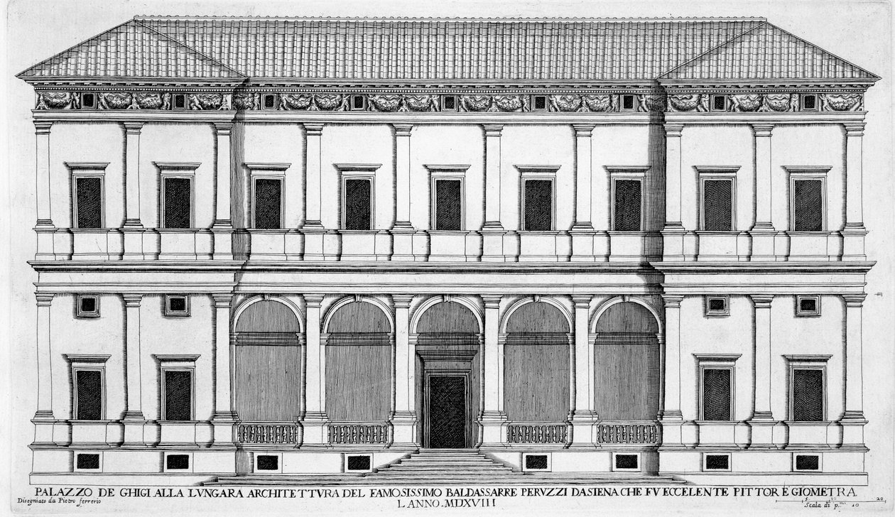 Palazzo Chigi na Lungara, Rzym, z „Palazzi di Roma”, wydane w 1655 r. autorstwa Pietro Ferrerio