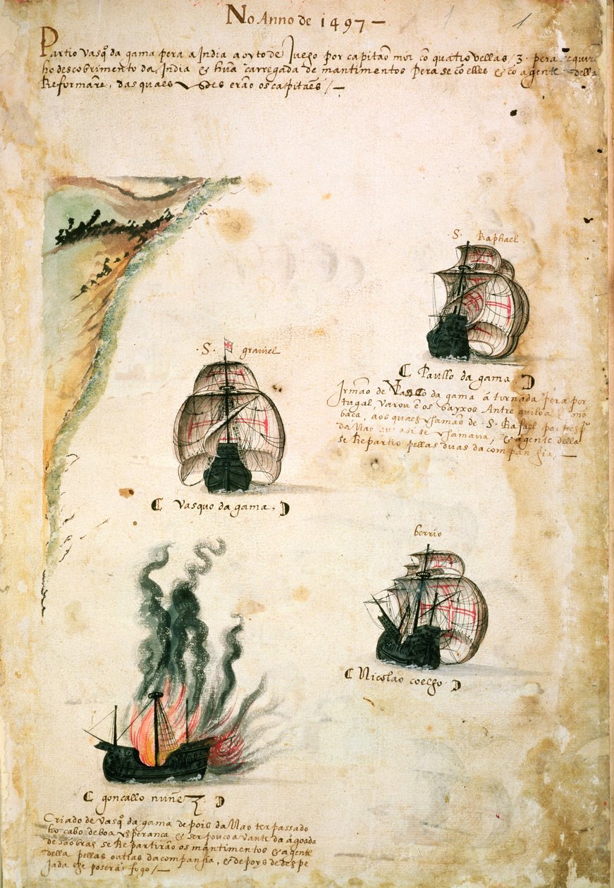 Wyjazd Vasco da Gamy (ok. 1469-1524) w 1497 r. z „Libro das Armadas” autorstwa Portuguese School