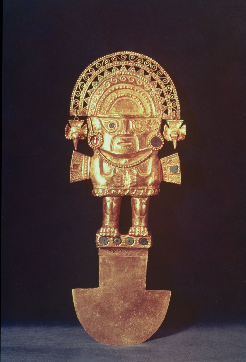 Tumi lub nóż ceremonialny w kształcie Naylamp, Chimu (złota i kamienie półszlachetne) autorstwa Pre Columbian