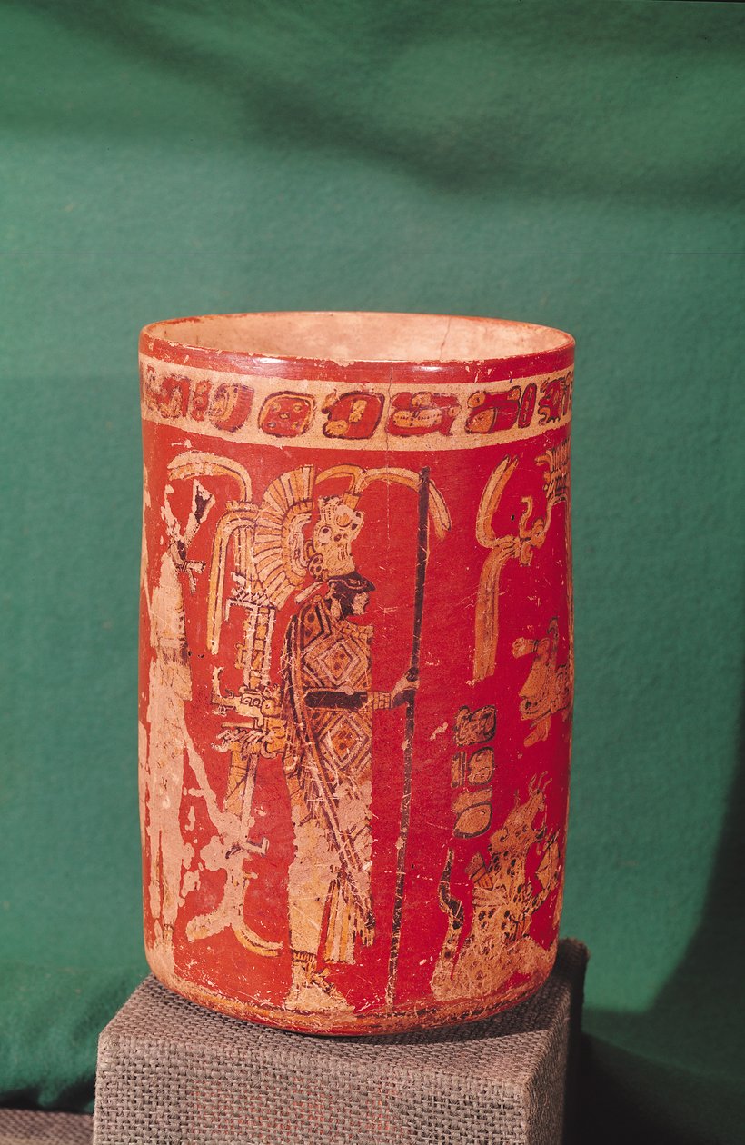 Wazon przedstawiający scenę obrzędową, Okres Tepeu I, z Uaxuctun, 600-950 (kamień polichromowany) (patrz także 201516) autorstwa Pre Columbian