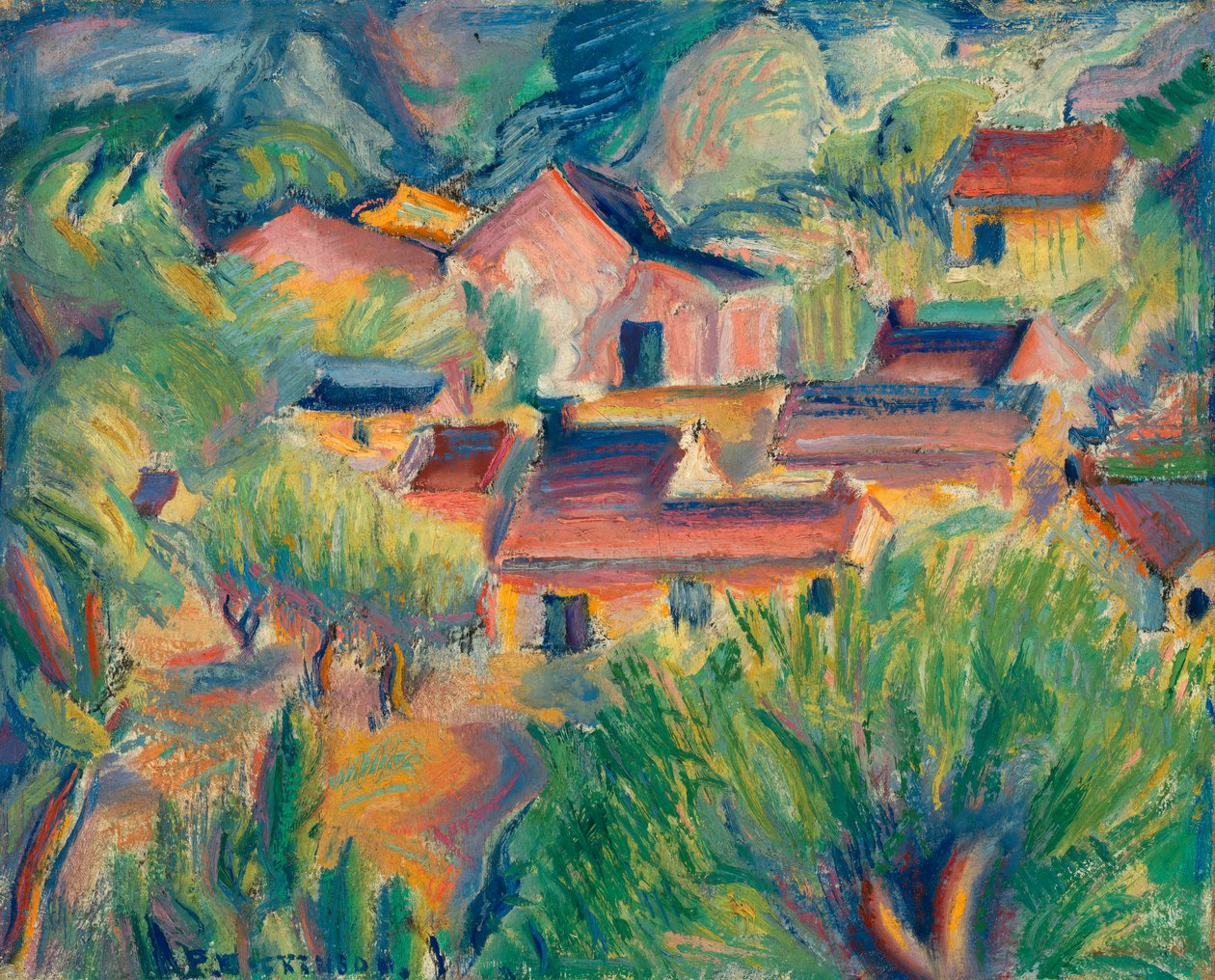 Domy i krajobraz, ca. 1918. autorstwa Preston Dickinson