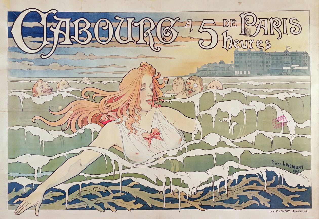 Plakat wykonany dla Kolei Francuskich, reklamujący łatwość dotarcia z Paryża do Cabourg na wybrzeżu Normandii, 1896 r. autorstwa Privat Livemont