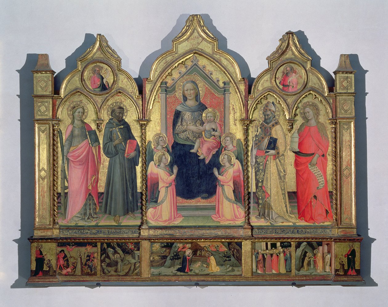 Madonna z Dzieciątkiem na tronie ze św. Katarzyną, św. Franciszkiem, św. Zenobiusem i św. Marią Magdaleną (panel tempera dn) autorstwa Pseudo Ambrogio di Baldese