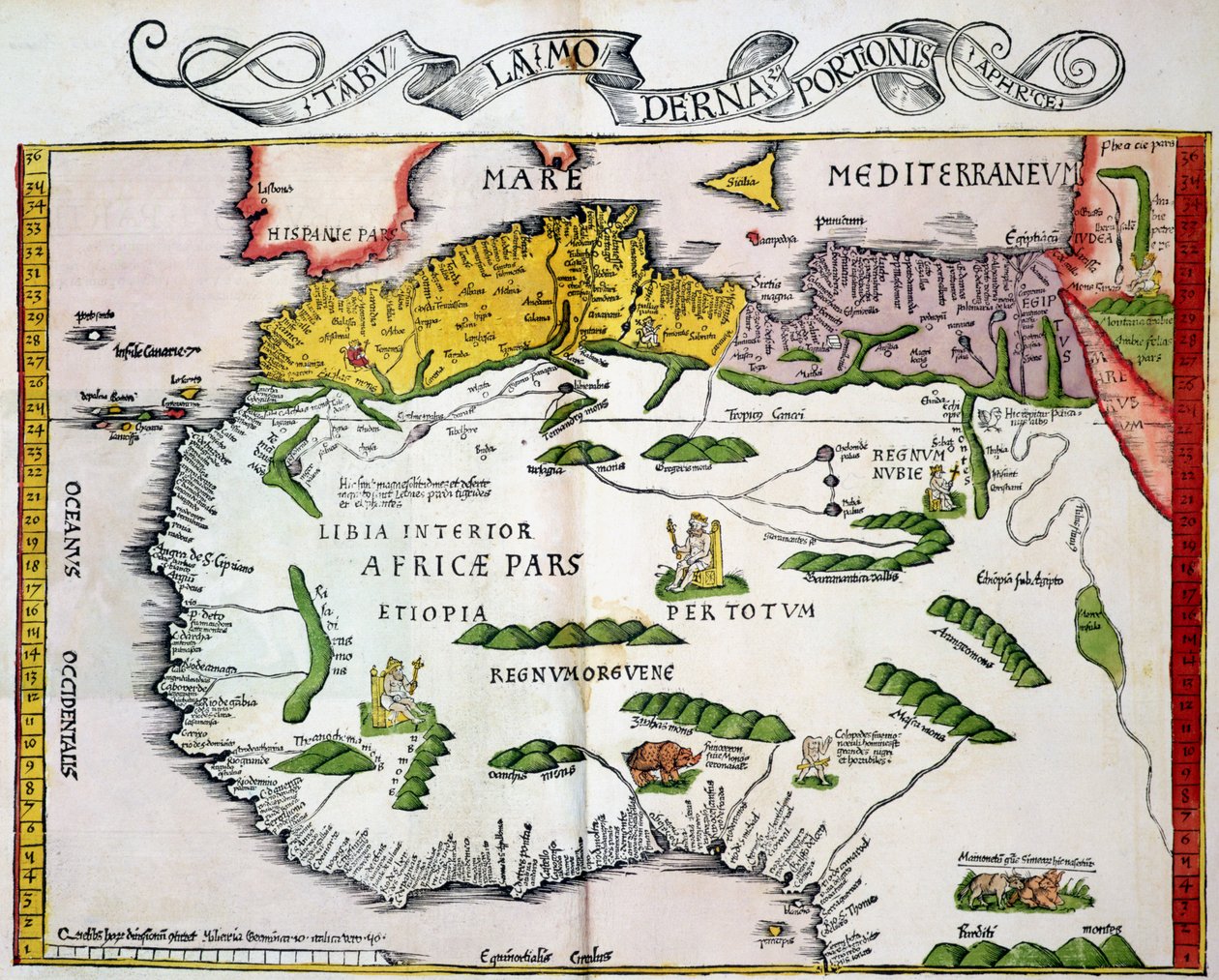 Mapa Afryki Północnej i Zachodniej, wydana w Strasburgu w 1522 r. autorstwa Ptolemy