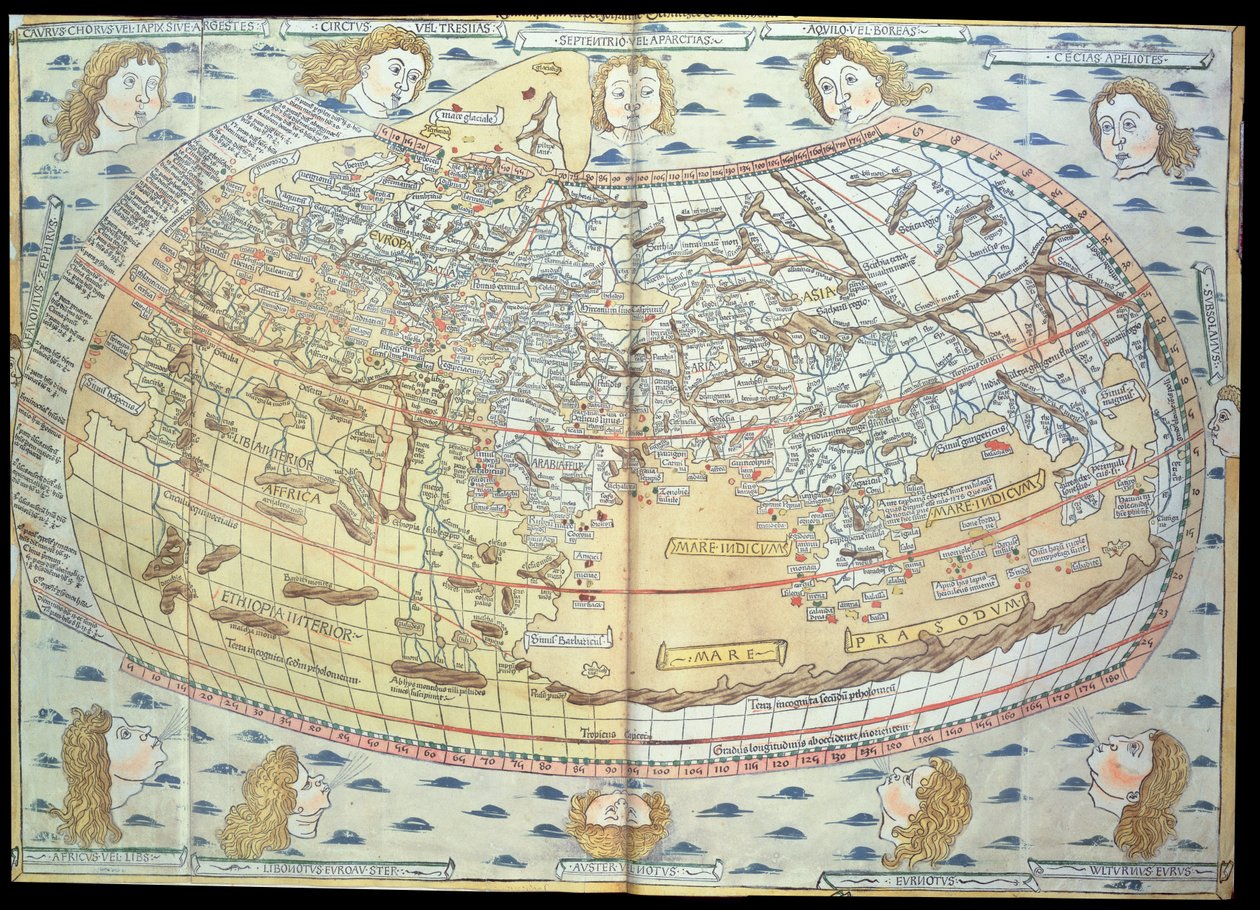 Mapa świata, oparta na opisach i współrzędnych podanych w „Geographia”, po raz pierwszy opublikowana w Ulm w Niemczech (rycina ręcznie kolorowana) autorstwa Ptolemy