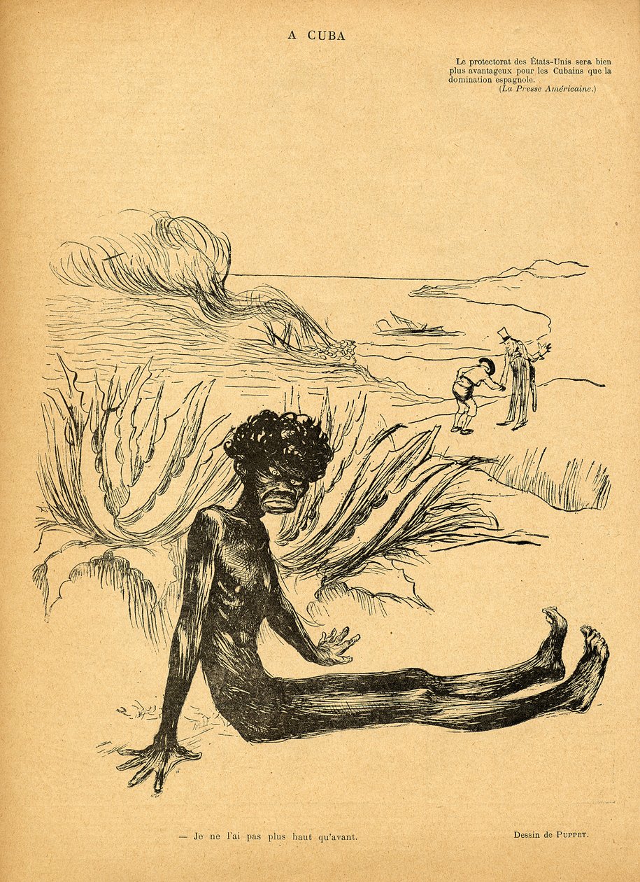 Stany Zjednoczone biorą Kubę z Hiszpanii, rysunek z Le Rire, 29 października 1898 r. autorstwa Puppet