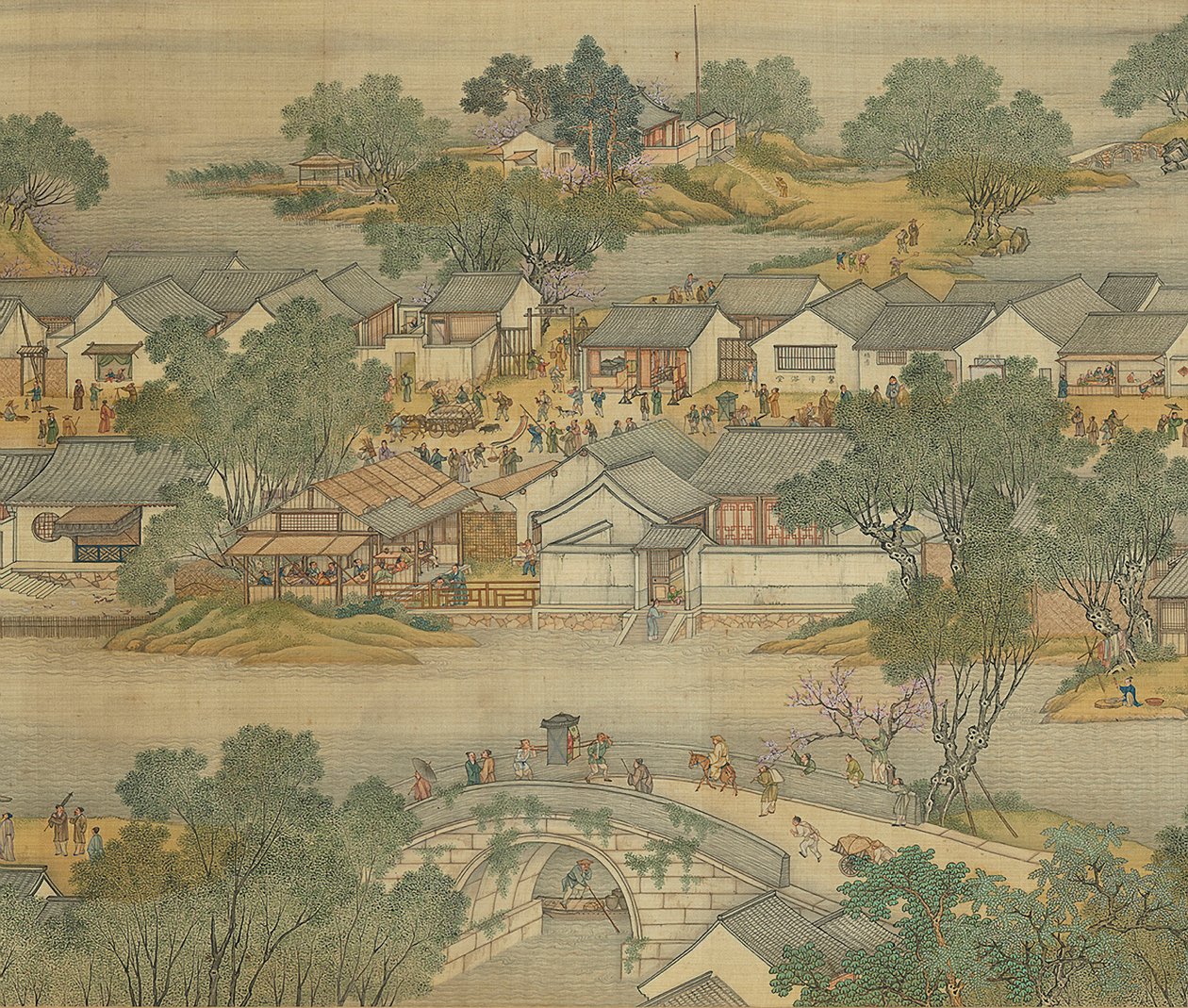 Wzdłuż rzeki podczas festiwalu Qingming, wersja Qing Court, ręczny zwój, 1736 autorstwa Qing Dynasty Chinese School