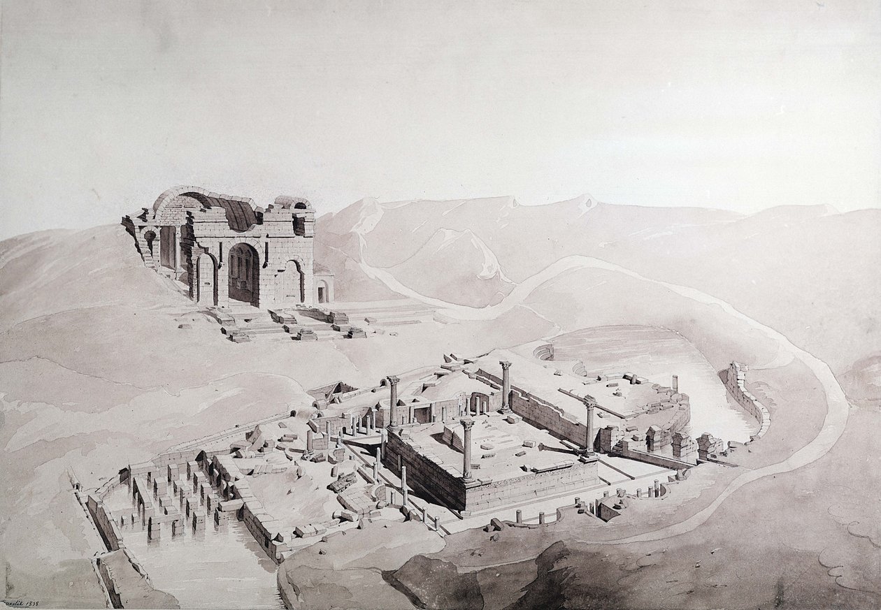 Termy i nimfeum z Nimes, 1838 (pranie na papierze) autorstwa Questel