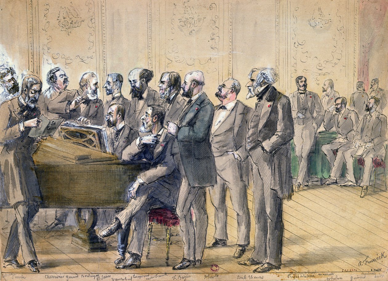 Jury Konserwatorium Paryskiego, ok. godz. 1871 (pióro, tusz i pranie na papierze) autorstwa R. Fenwick