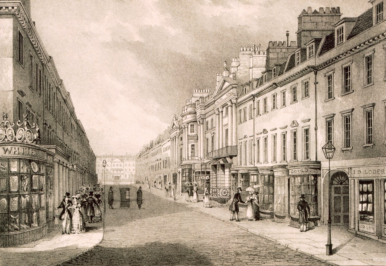 Milsom Street, z „Widoków Łaźni”, c.1843 autorstwa R. Woodroffe